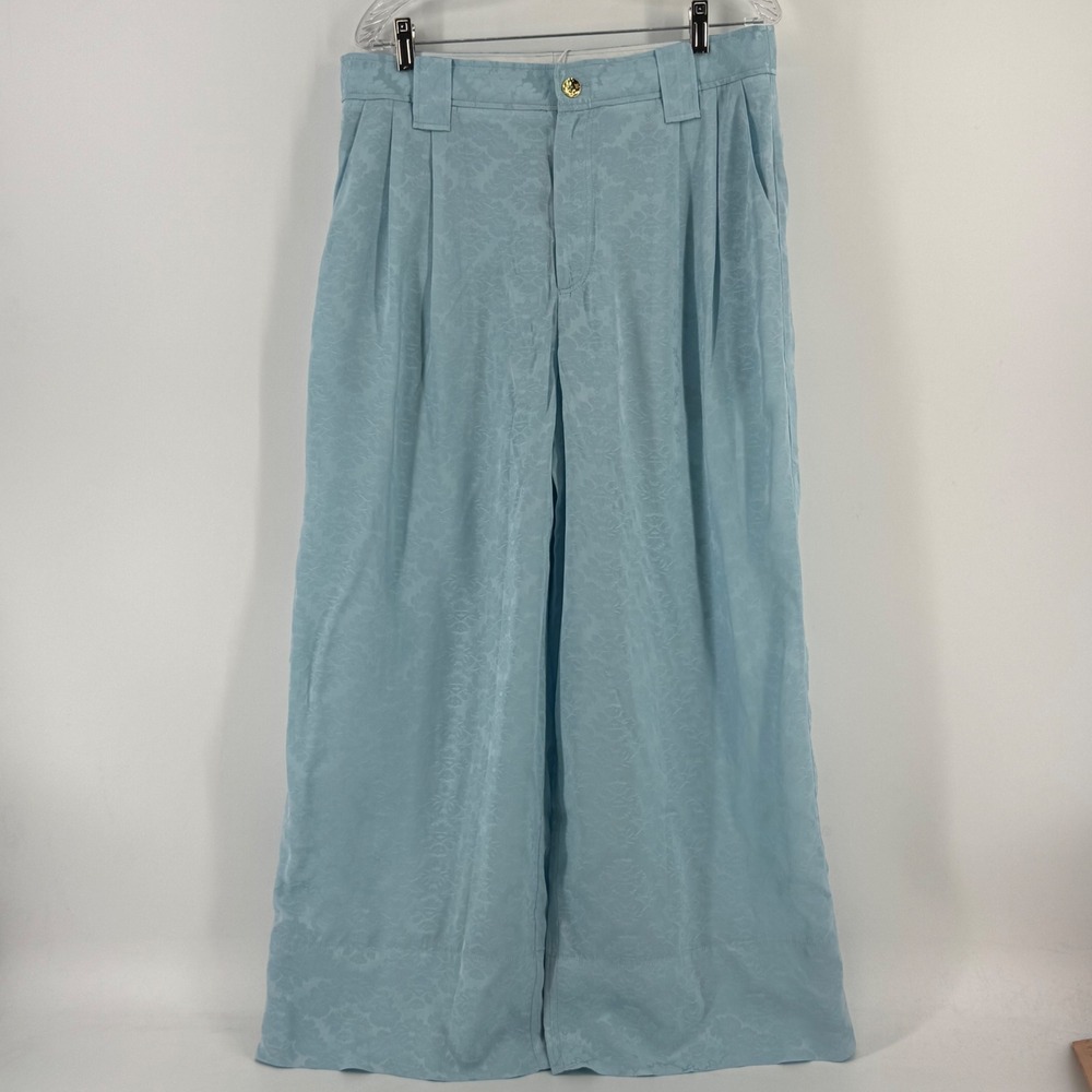 Ganni Corydalis Blue Floral Jacquard Wide Leg Trousers Pants F8139 Size 42 NEW